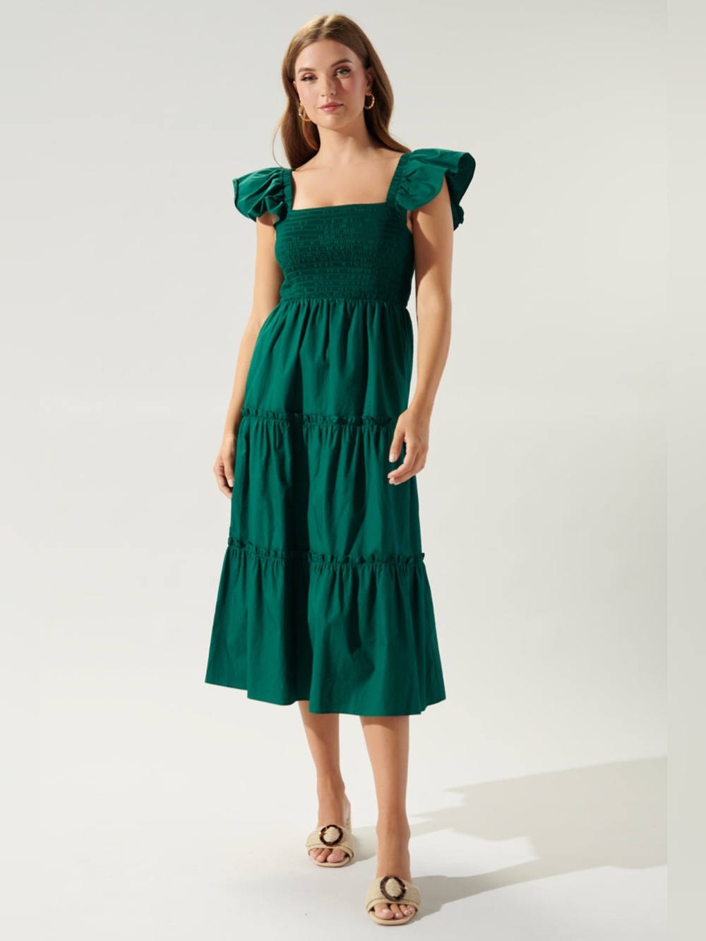 NWT Sugarlips Lou Smocked Tiered Midi Dress Emerald Green - Picture 1 of 2